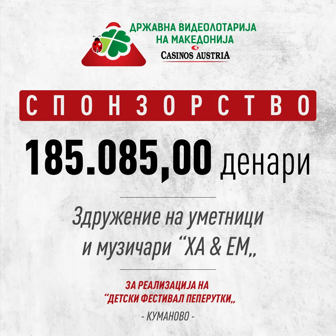 Видеолотарија Касинос Австрија со финансиска поддршка за Здружението на уметниците и музичарите ХА & ЕМ од Куманово